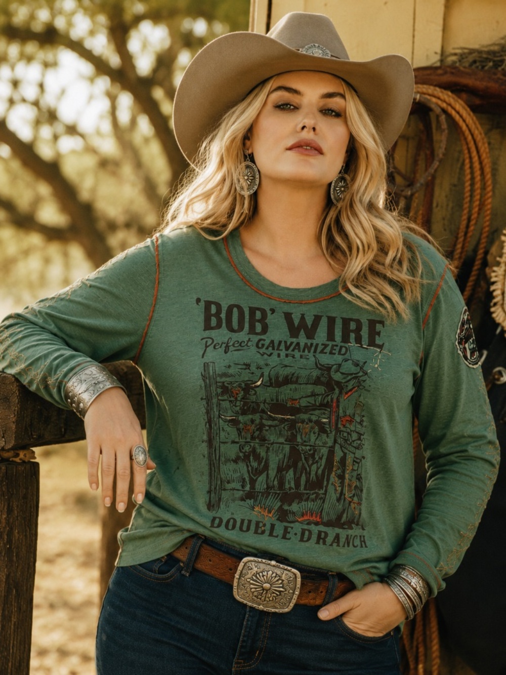 NWT Double D Ranch "Bob Wire" long sleeve green embroidered cotton shirt sz 2X
